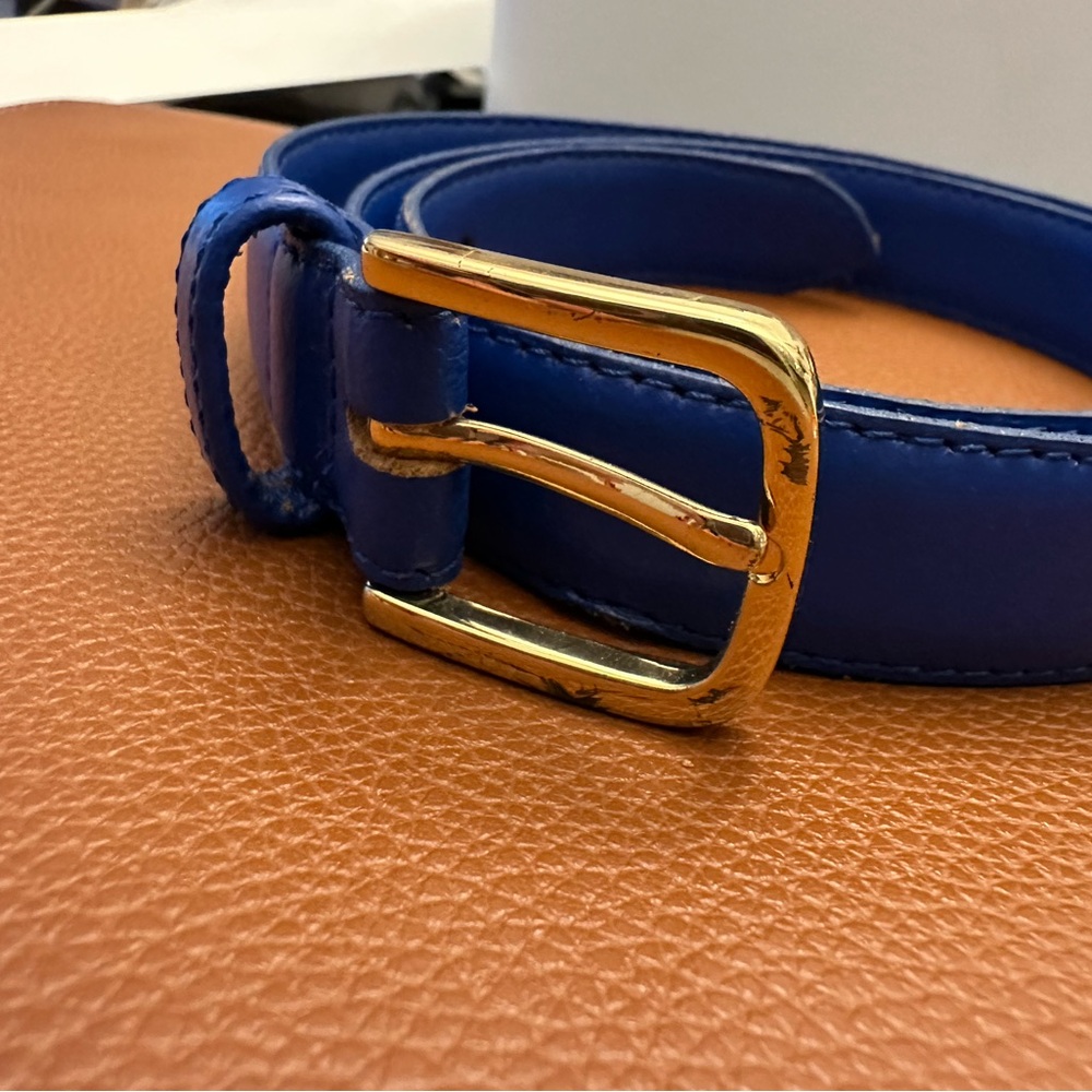 Blue Leather Belt with Gold Buckle